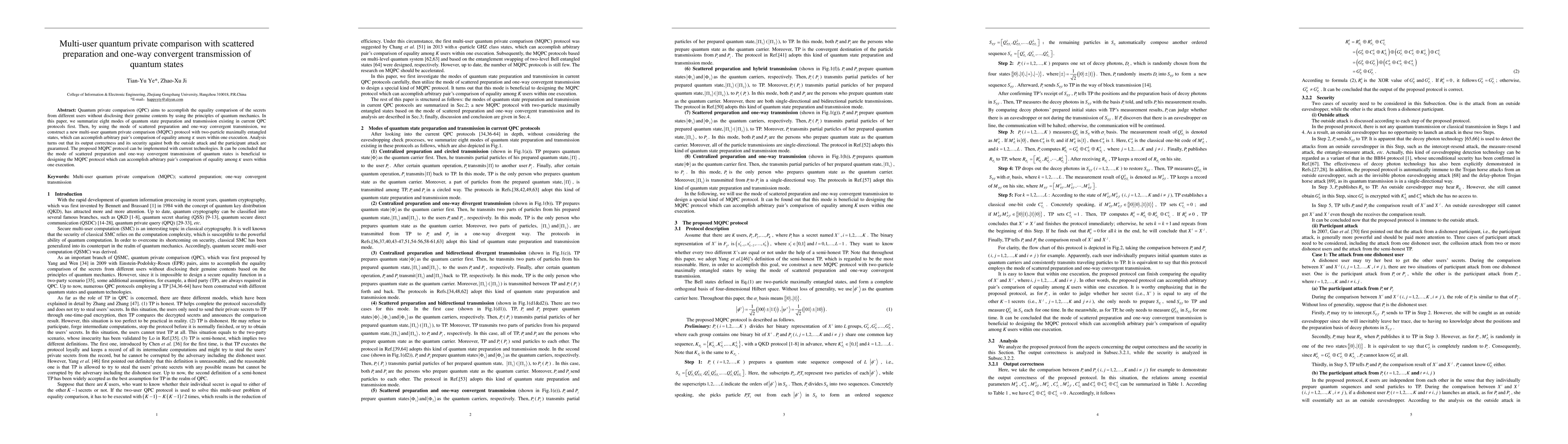 Thumbnail for Multi-user quantum private comparison with scattered preparation and
  one-way convergent transmission of quantum states