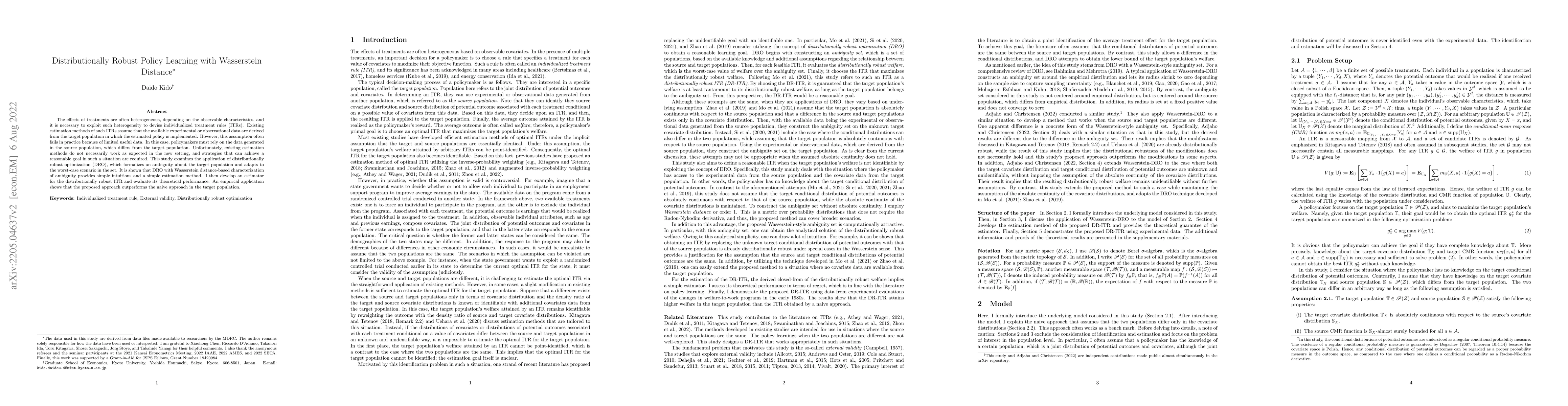 Thumbnail for Distributionally Robust Policy Learning with Wasserstein Distance