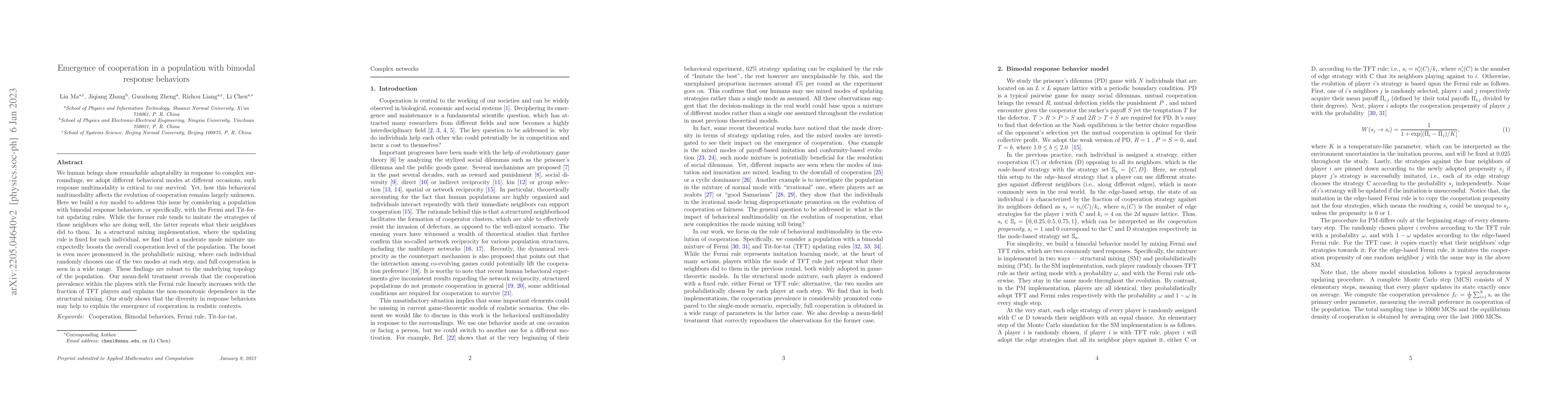 Thumbnail for Emergence of cooperation in a population with bimodal response behaviors