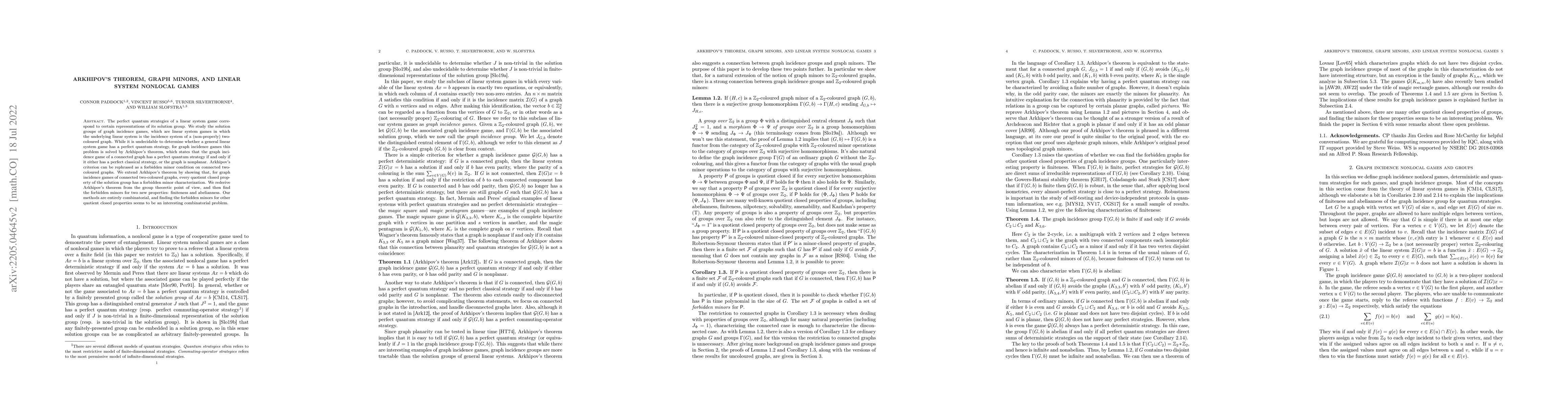 Thumbnail for Arkhipov's theorem, graph minors, and linear system nonlocal games