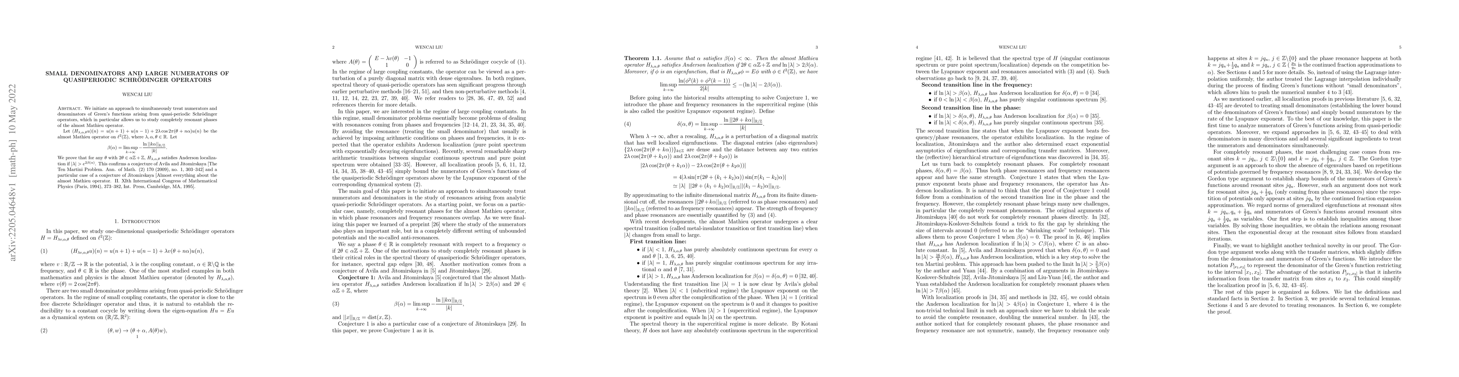 Thumbnail for Small denominators and large numerators of quasiperiodic Schr\"odinger
  operators