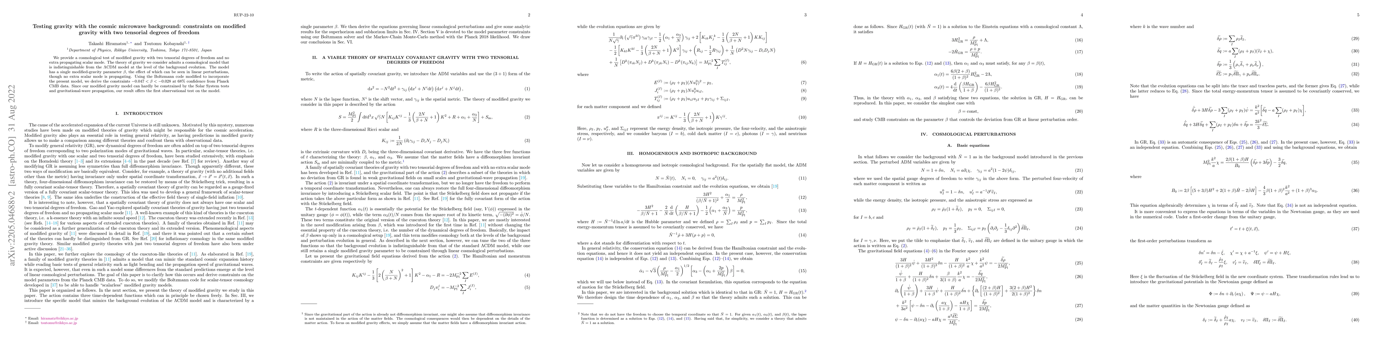 Thumbnail for Testing gravity with the cosmic microwave background: constraints on
  modified gravity with two tensorial degrees of freedom