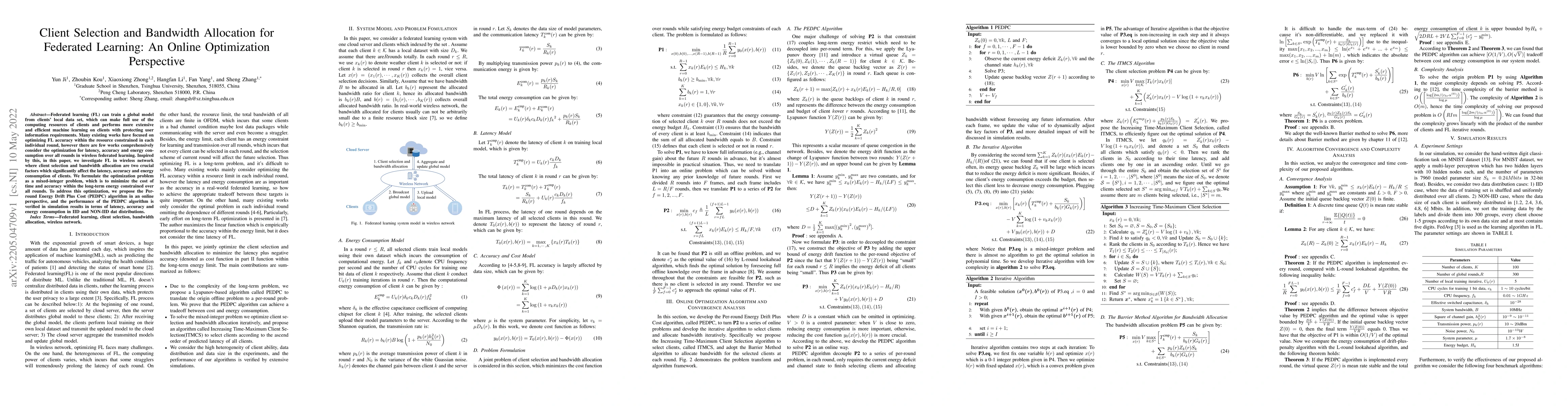 Thumbnail for Client Selection and Bandwidth Allocation for Federated Learning: An
  Online Optimization Perspective