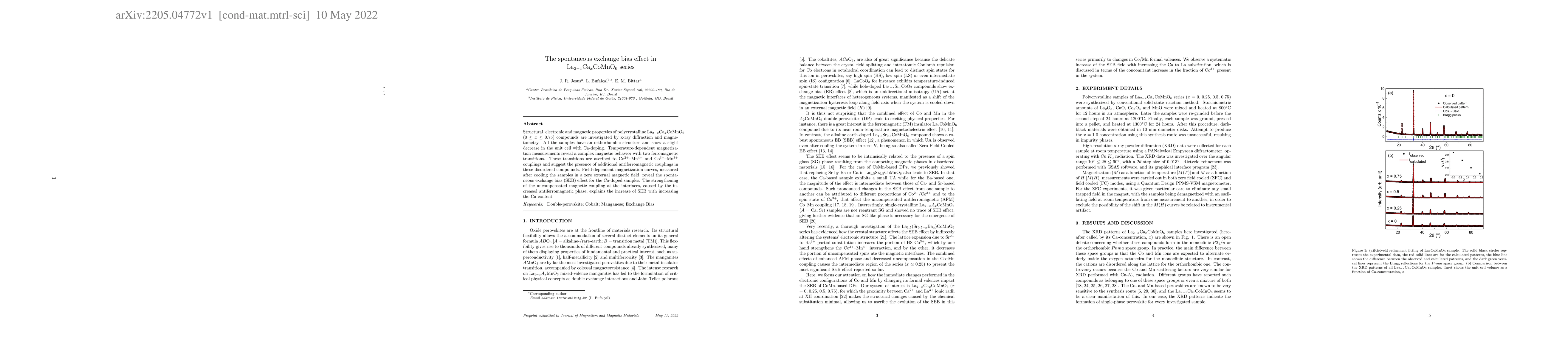 Thumbnail for The spontaneous exchange bias effect in La2-xCaxCoMnO6 series