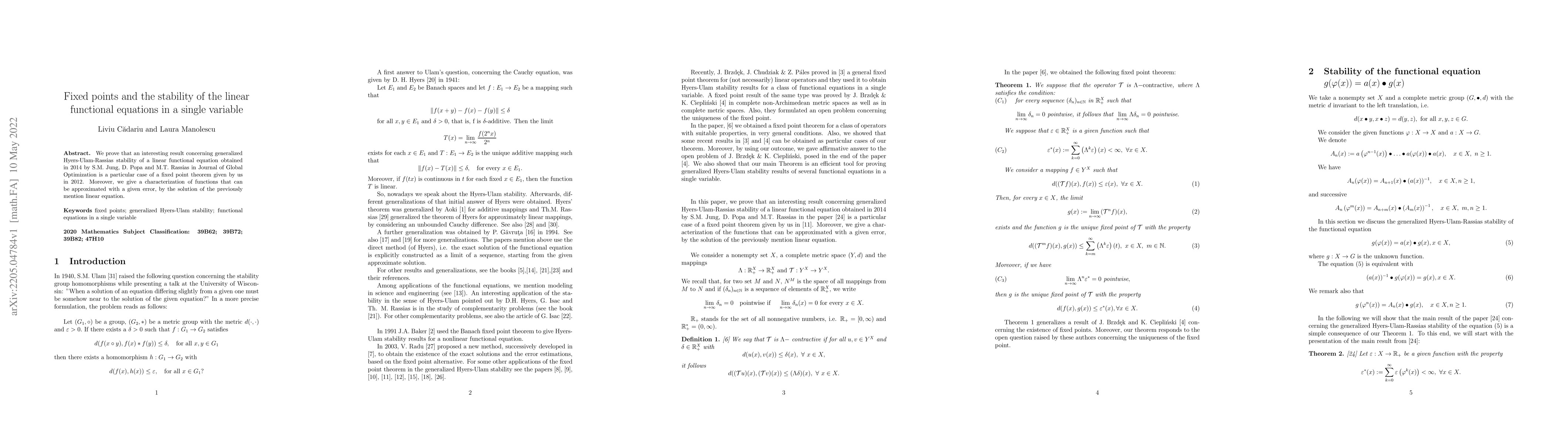 Thumbnail for Fixed points and the stability of the linear functional equations in a
  single variable