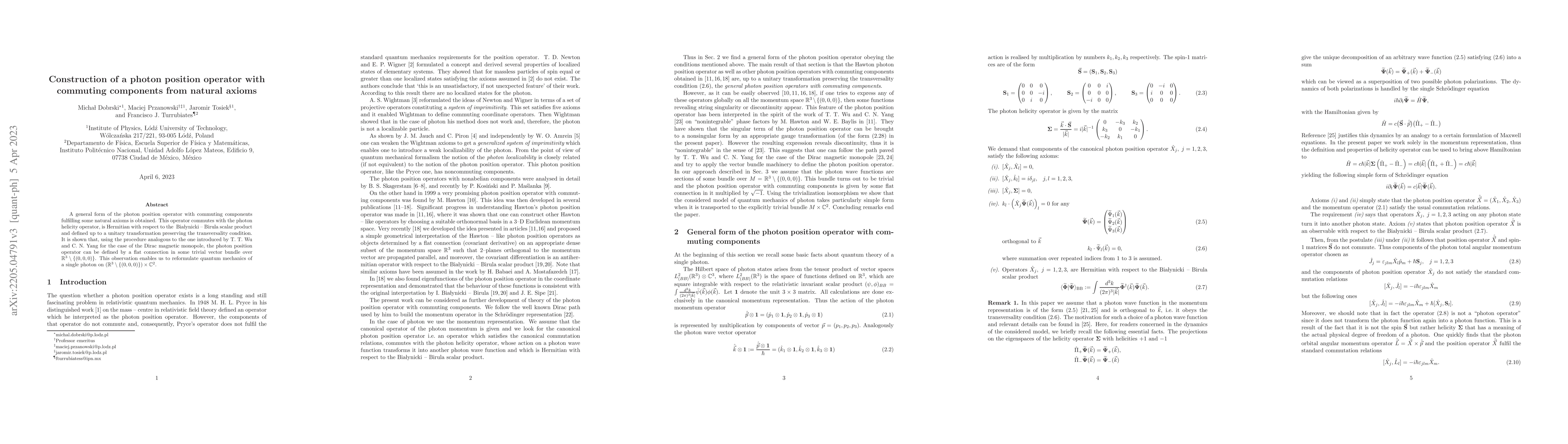 Thumbnail for Construction of a photon position operator with commuting components
  from natural axioms