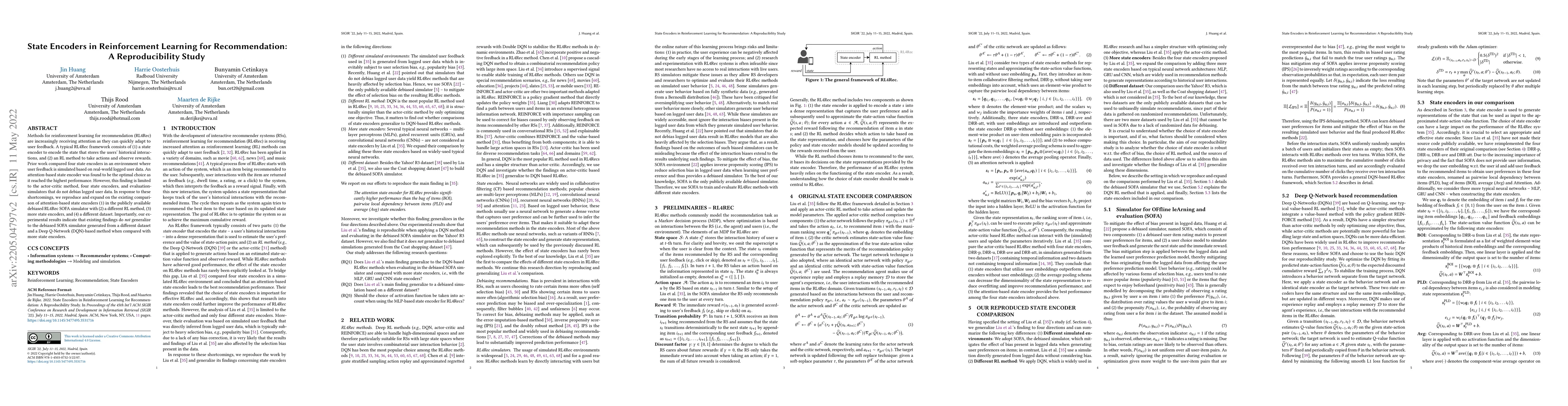 Thumbnail for State Encoders in Reinforcement Learning for Recommendation: A
  Reproducibility Study