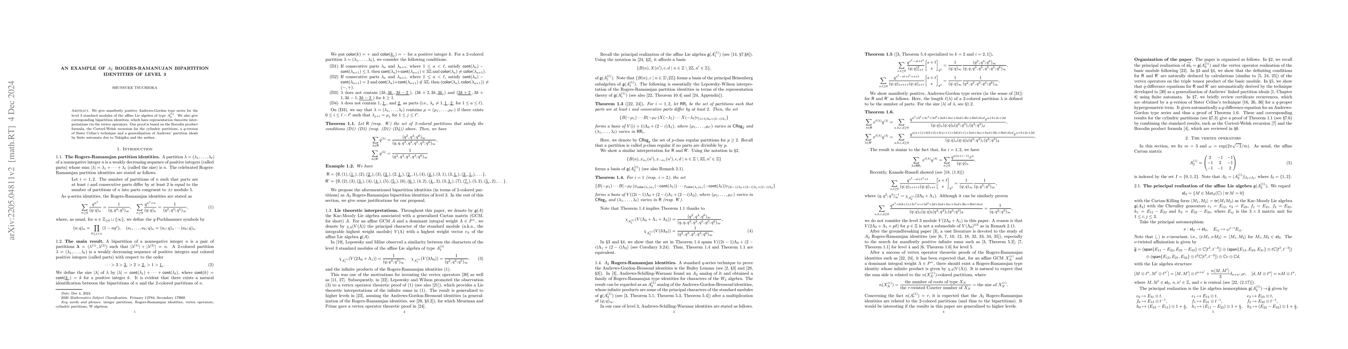 Thumbnail for An example of $A_2$ Rogers-Ramanujan bipartition identities of level 3