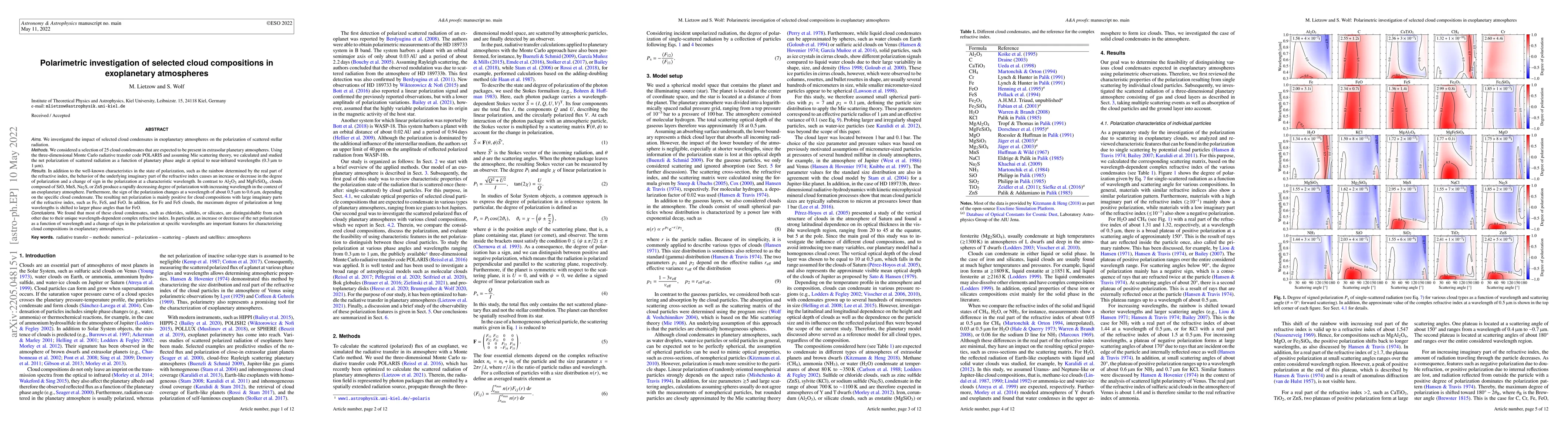 Thumbnail for Polarimetric investigation of selected cloud compositions in
  exoplanetary atmospheres