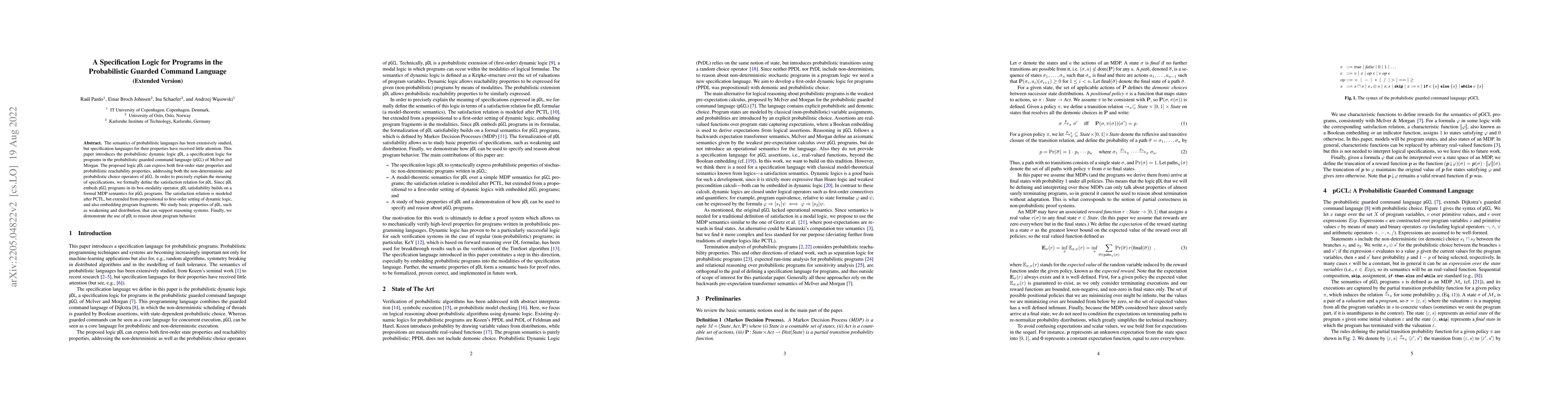 Thumbnail for A Specification Logic for Programs in the Probabilistic Guarded Command
  Language (Extended Version)