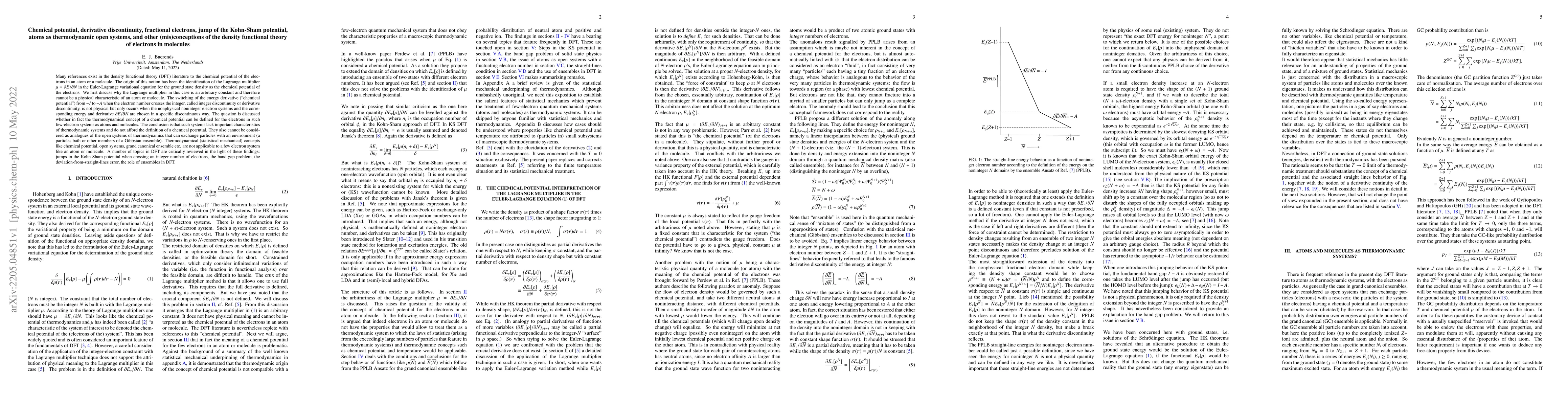 Thumbnail for Chemical potential, derivative discontinuity, fractional electrons, jump
  of the Kohn-Sham potential, atoms as thermodynamic open systems, and other
  (mis)conceptions of the density functional theory of electrons in molecules