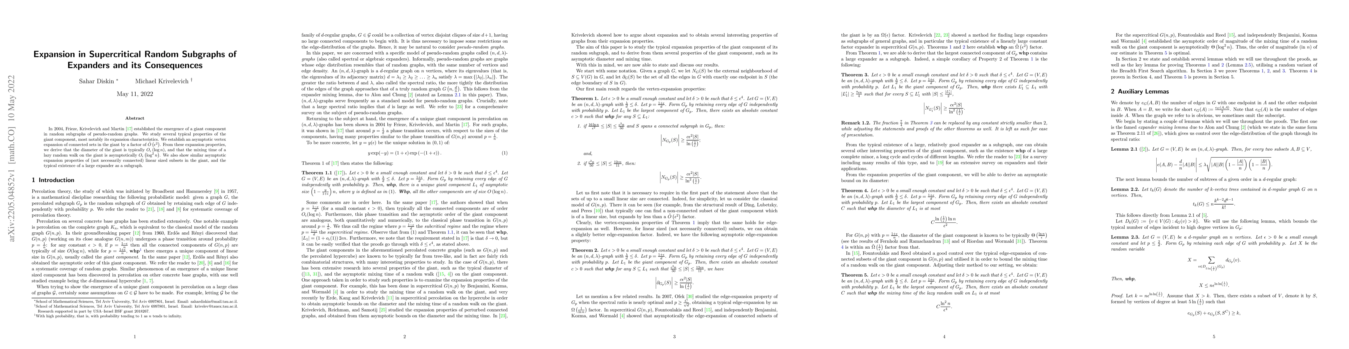 Thumbnail for Expansion in Supercritical Random Subgraphs of Expanders and its
  Consequences