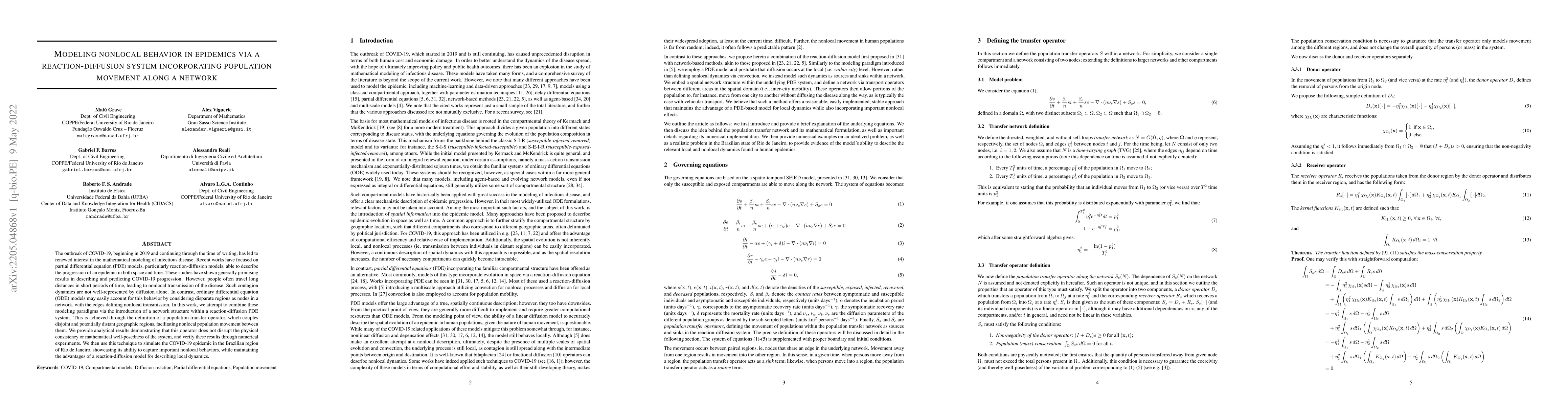 Thumbnail for Modeling nonlocal behavior in epidemics via a reaction-diffusion system
  incorporating population movement along a network