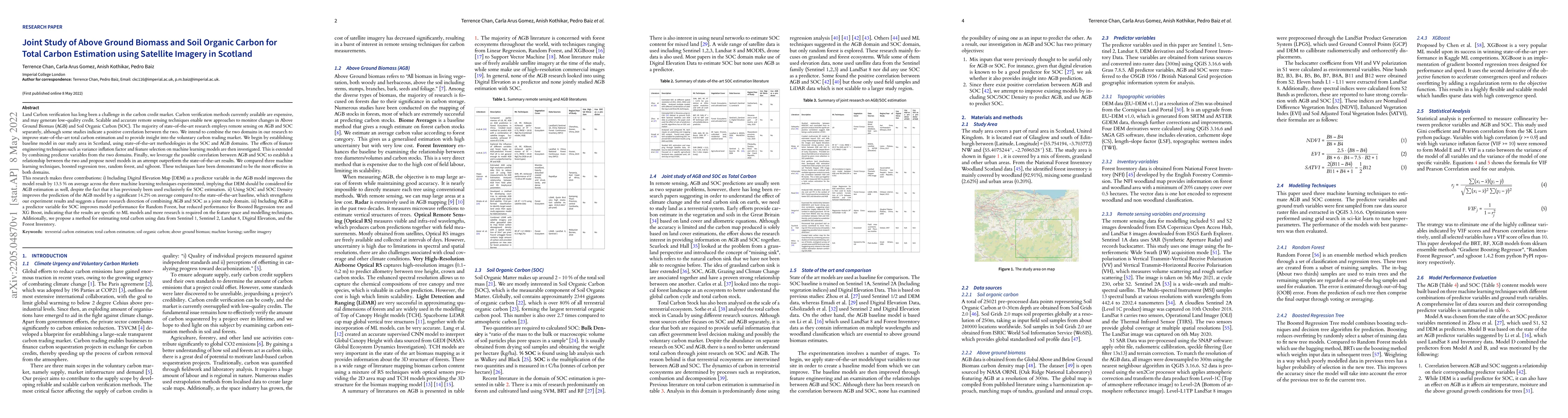 Thumbnail for Joint Study of Above Ground Biomass and Soil Organic Carbon for Total
  Carbon Estimation using Satellite Imagery in Scotland