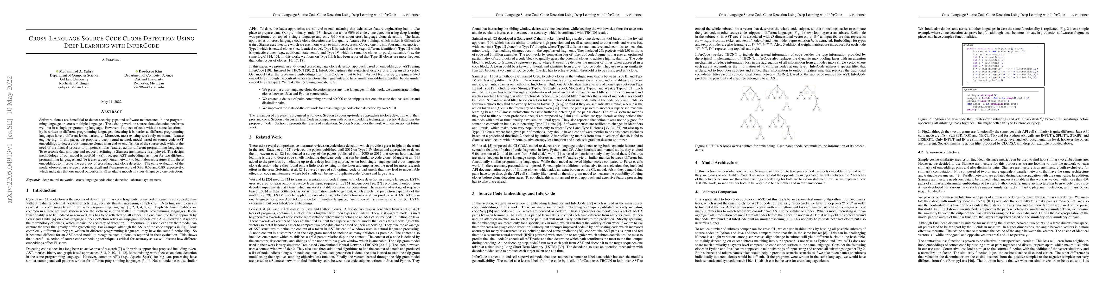 Thumbnail for Cross-Language Source Code Clone Detection Using Deep Learning with
  InferCode