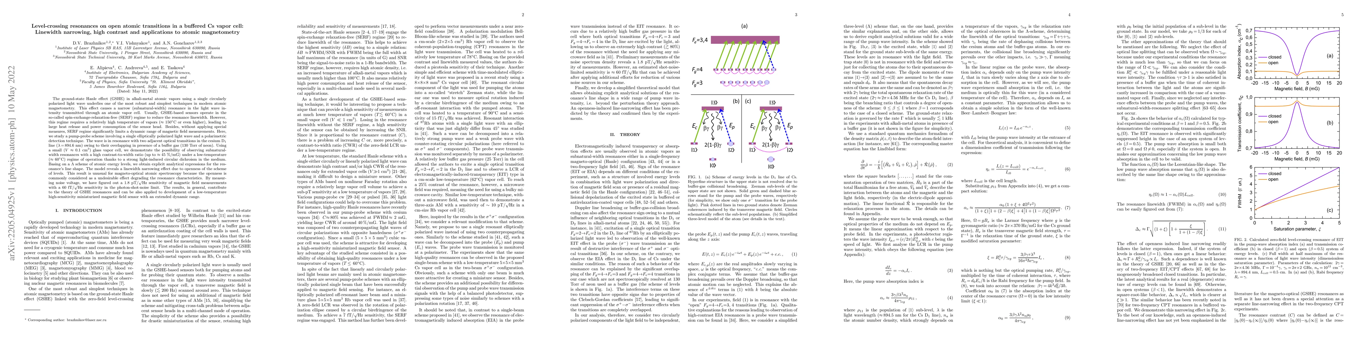 Thumbnail for Level-crossing resonances on open atomic transitions in a buffered Cs
  vapor cell: Linewidth narrowing, high contrast and applications to atomic
  magnetometry