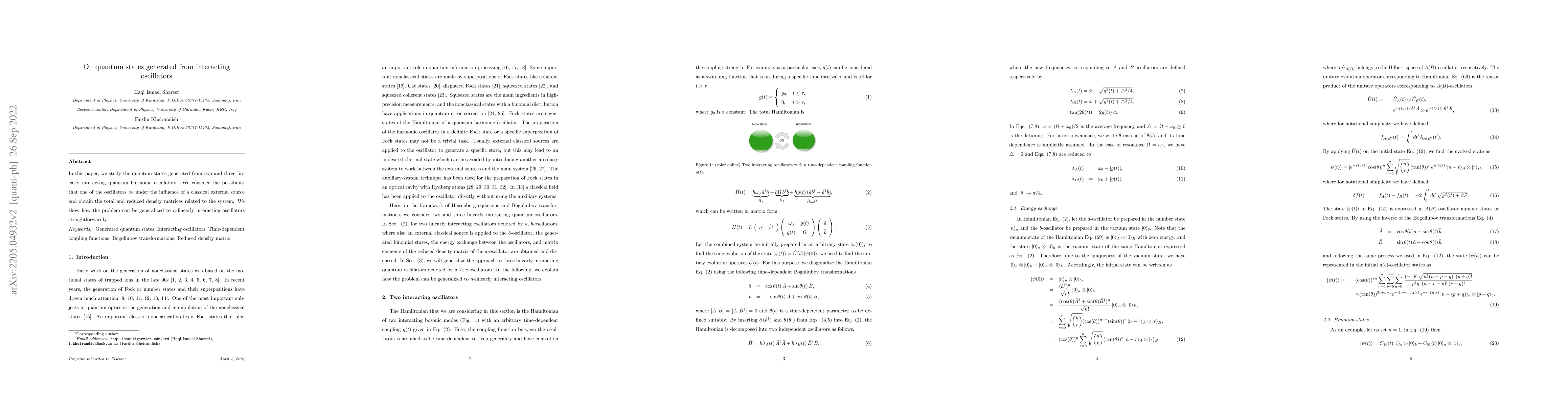 Thumbnail for On quantum states generated from interacting oscillators