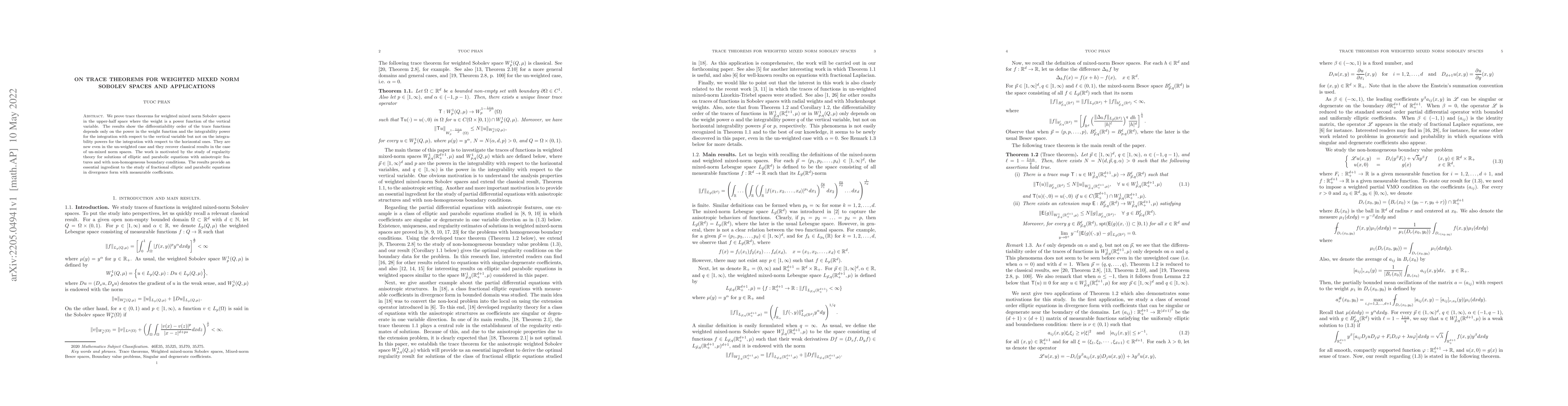 Thumbnail for On trace Theorems for weighted mixed norm Sobolev spaces and
  applications