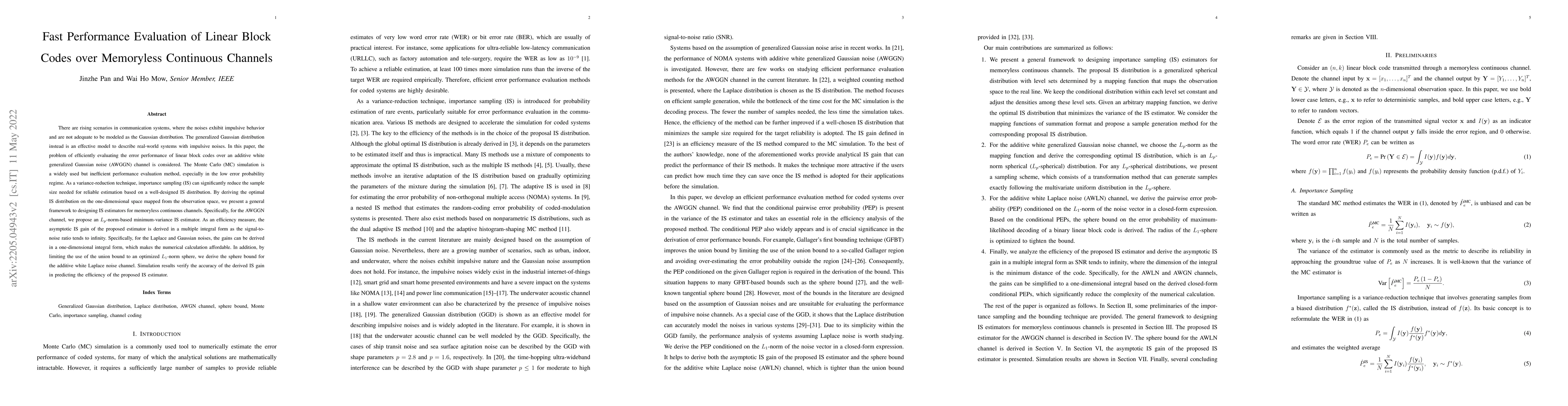 Thumbnail for Fast Performance Evaluation of Linear Block Codes over Memoryless
  Continuous Channels