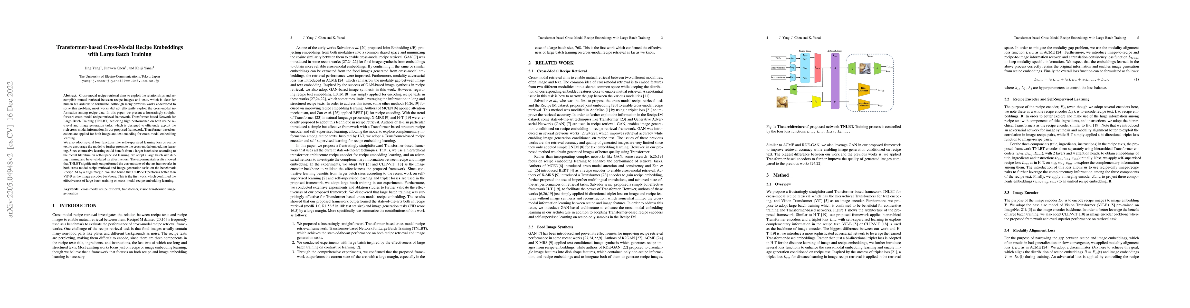 Thumbnail for Transformer-based Cross-Modal Recipe Embeddings with Large Batch
  Training
