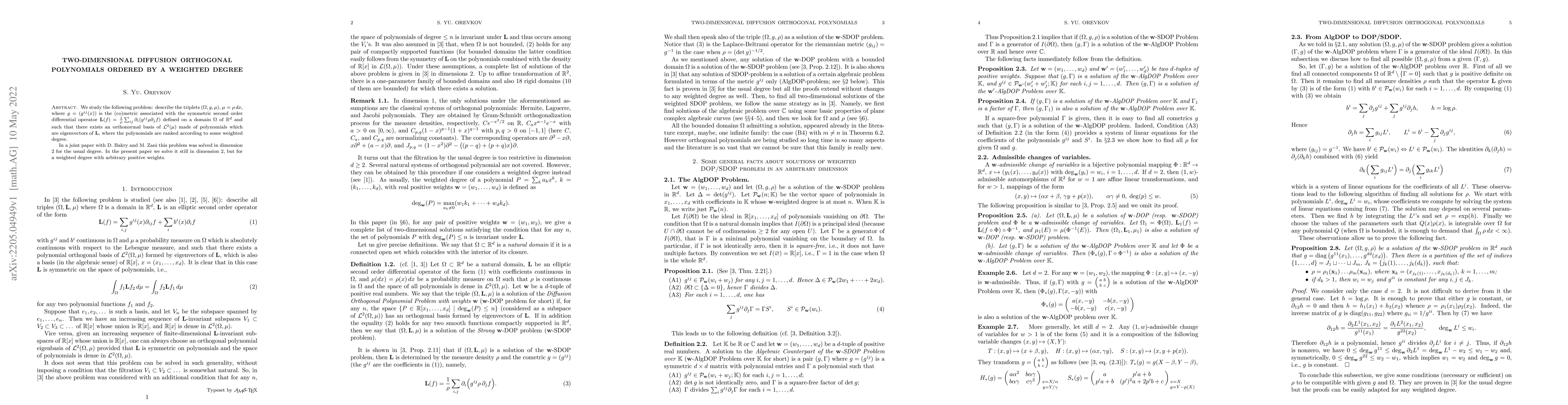 Thumbnail for Two-dimensional diffusion orthogonal polynomials ordered by a weighted
  degree