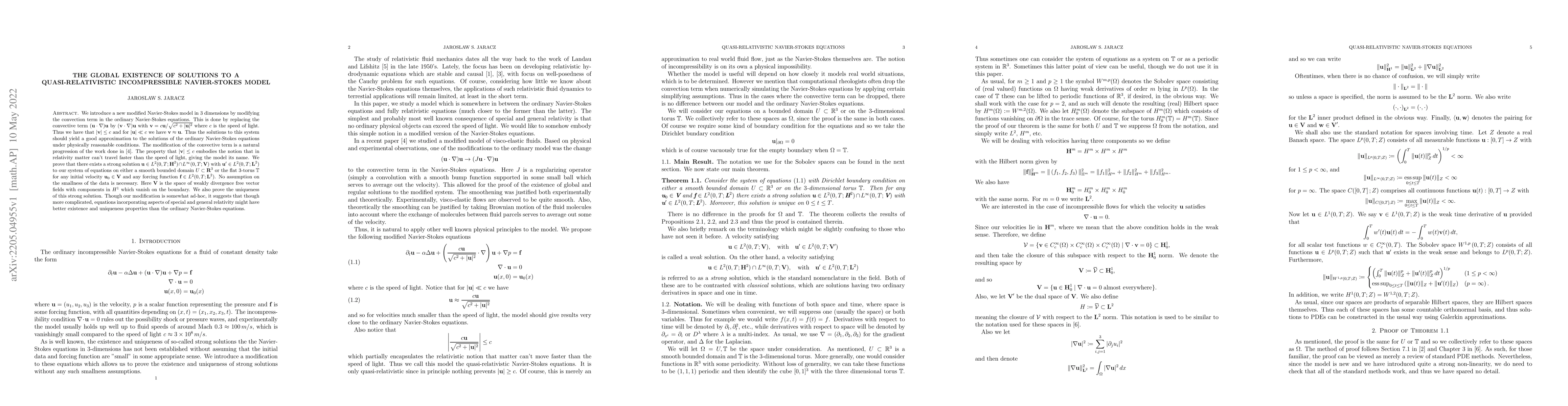 Thumbnail for The Global Existence of Solutions to a Quasi-Relativistic Incompressible
  Navier-Stokes Model