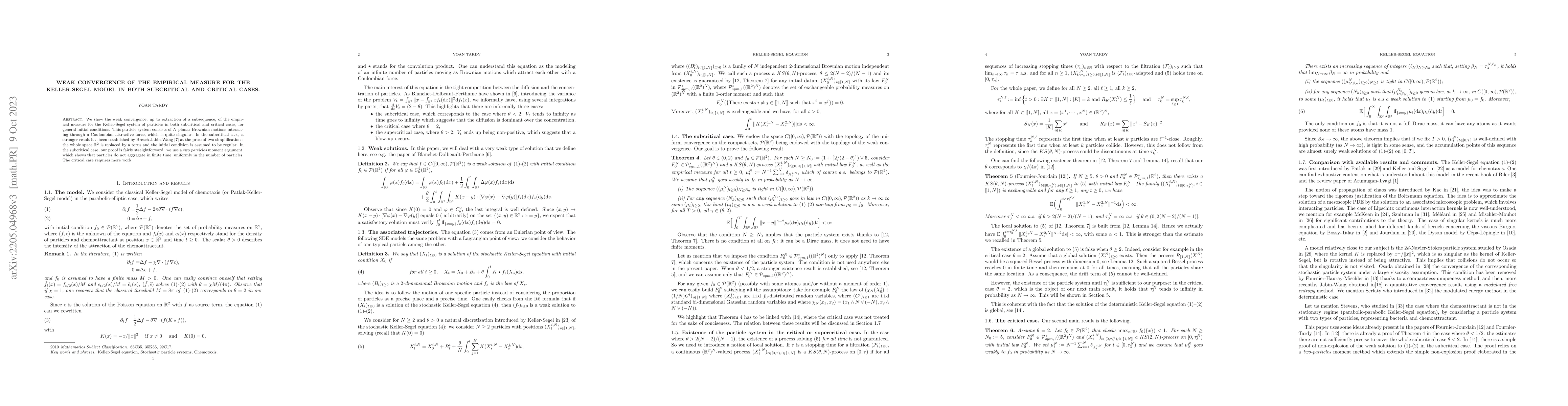Thumbnail for Weak convergence of the empirical measure for the Keller-Segel model in
  both subcritical and critical cases