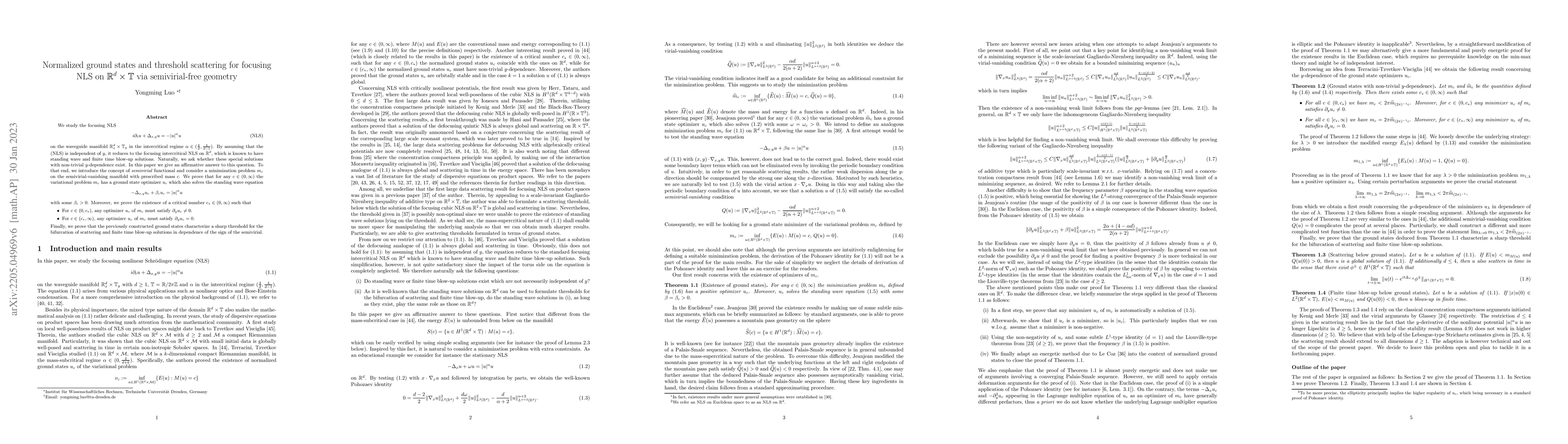 Thumbnail for Normalized ground states and threshold scattering for focusing NLS on
  $\mathbb{R}^d\times\mathbb{T}$ via semivirial-free geometry