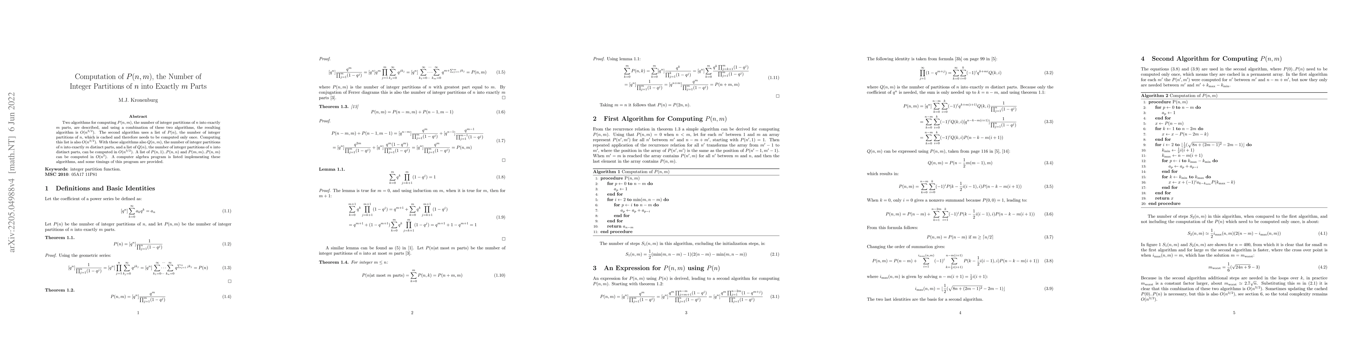 Thumbnail for Computation of $P(n,m)$, the Number of Integer Partitions of $n$ into
  Exactly $m$ Parts