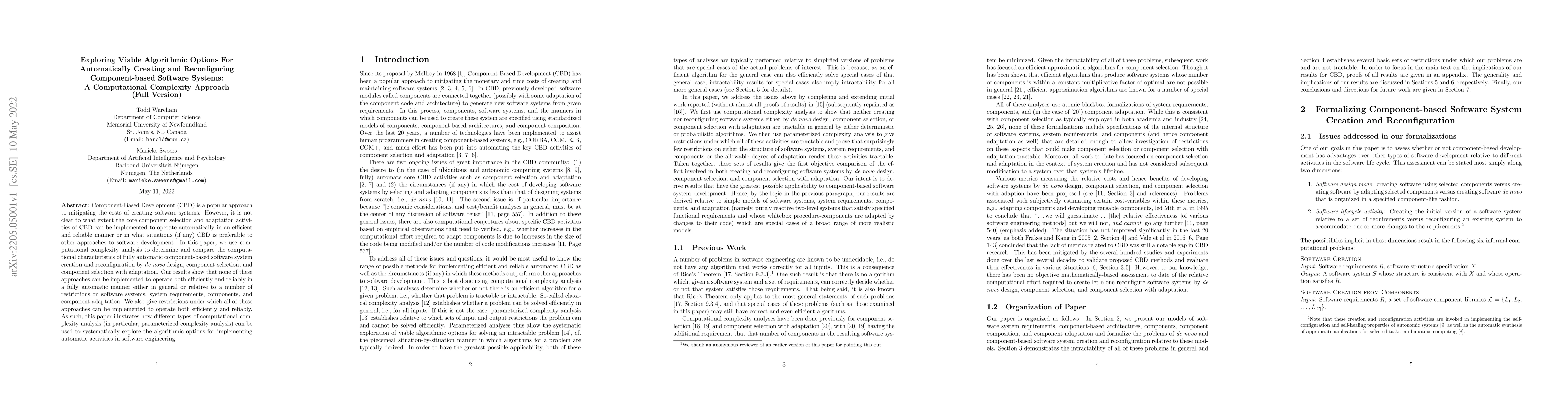 Thumbnail for Exploring Viable Algorithmic Options for Automatically Creating and
  Reconfiguring Component-based Software Systems: A Computational Complexity
  Approach (Full Version)