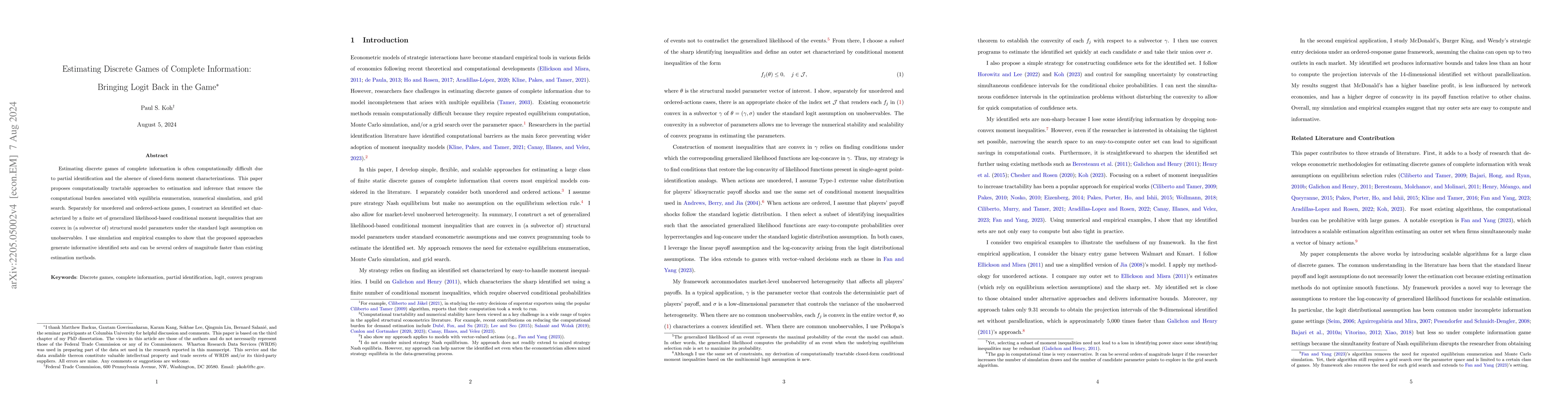 Thumbnail for Estimating Discrete Games of Complete Information: Bringing Logit Back
  in the Game