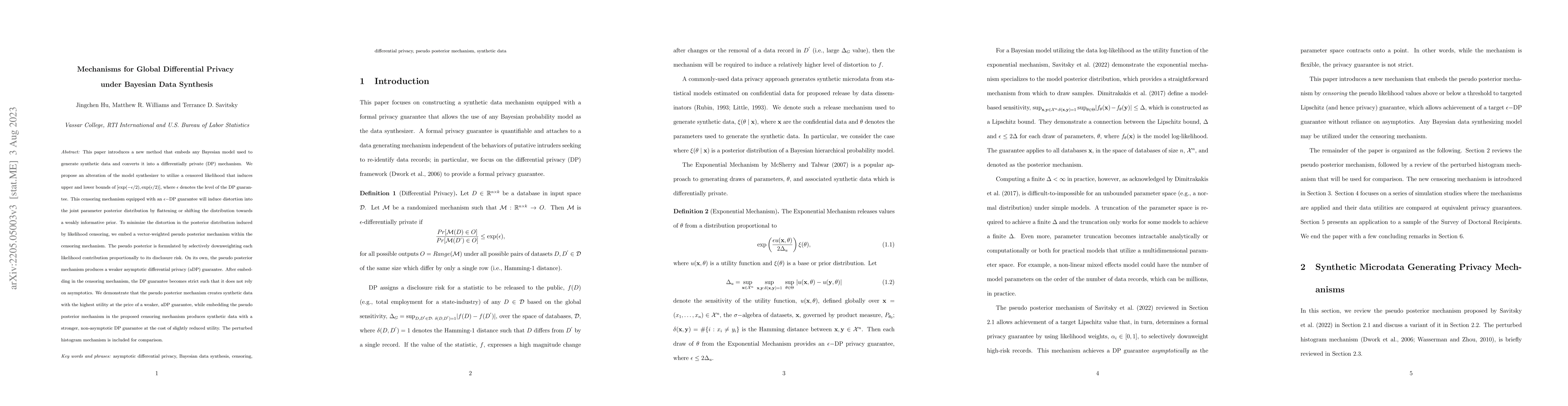 Thumbnail for Mechanisms for Global Differential Privacy under Bayesian Data Synthesis