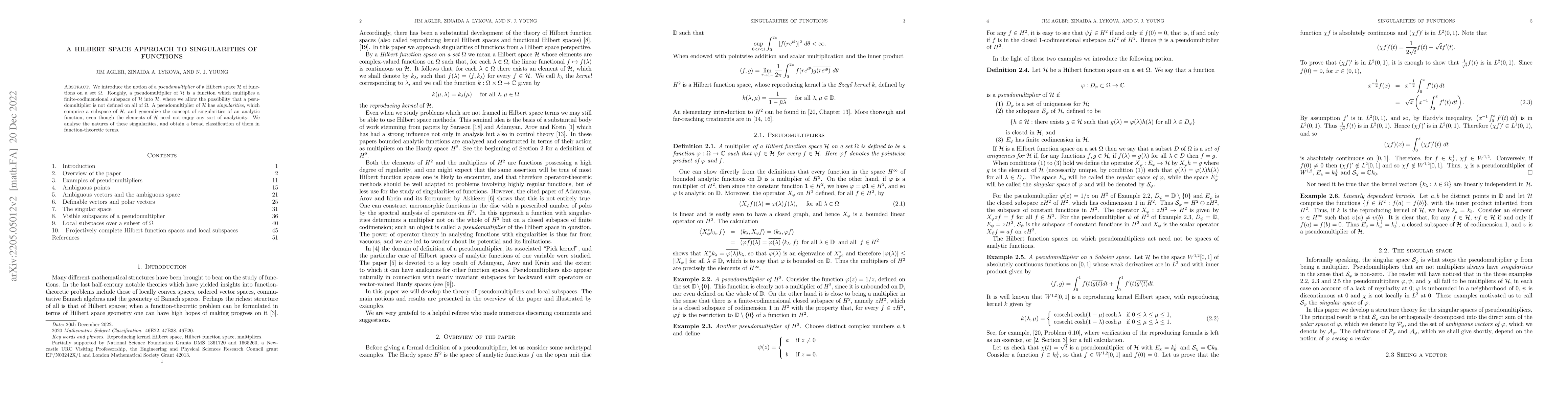 Thumbnail for A Hilbert space approach to singularities of functions