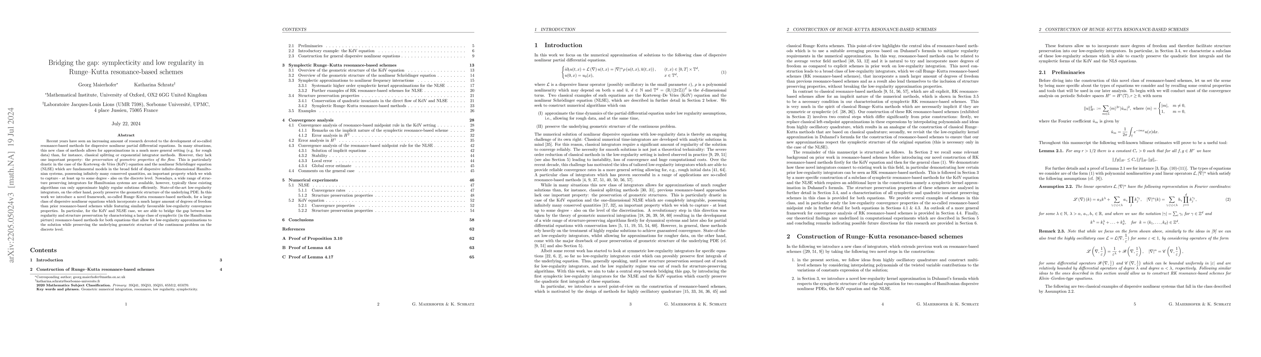 Thumbnail for Bridging the gap: symplecticity and low regularity in Runge-Kutta
  resonance-based schemes