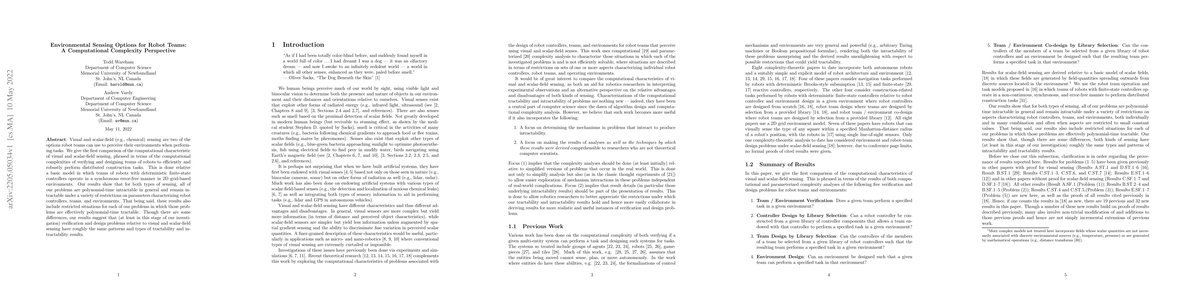 Thumbnail for Environmental Sensing Options for Robot Teams: A Computational
  Complexity Perspective