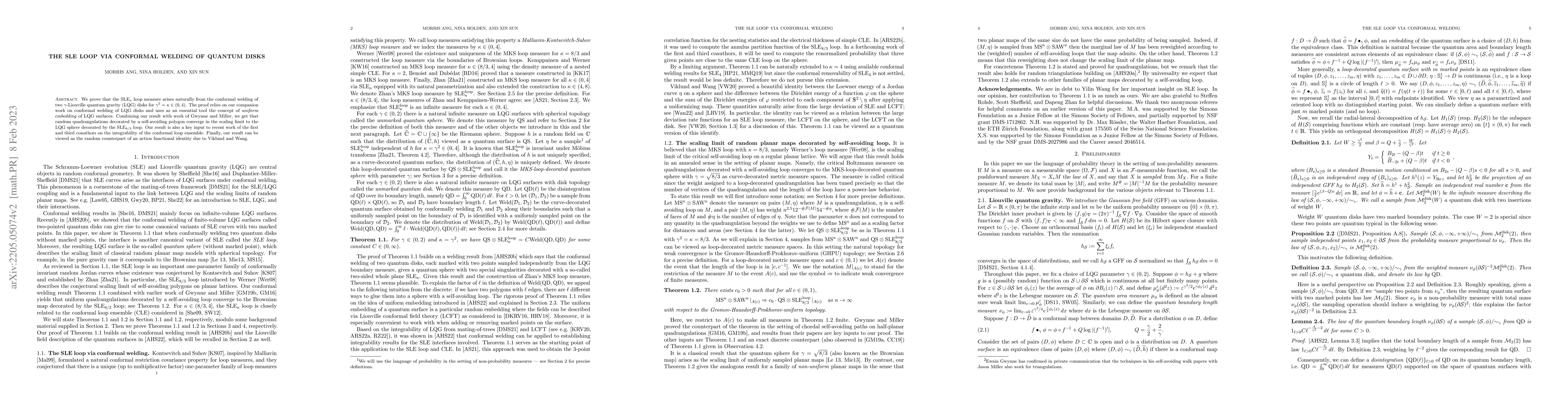 Thumbnail for The SLE loop via conformal welding of quantum disks