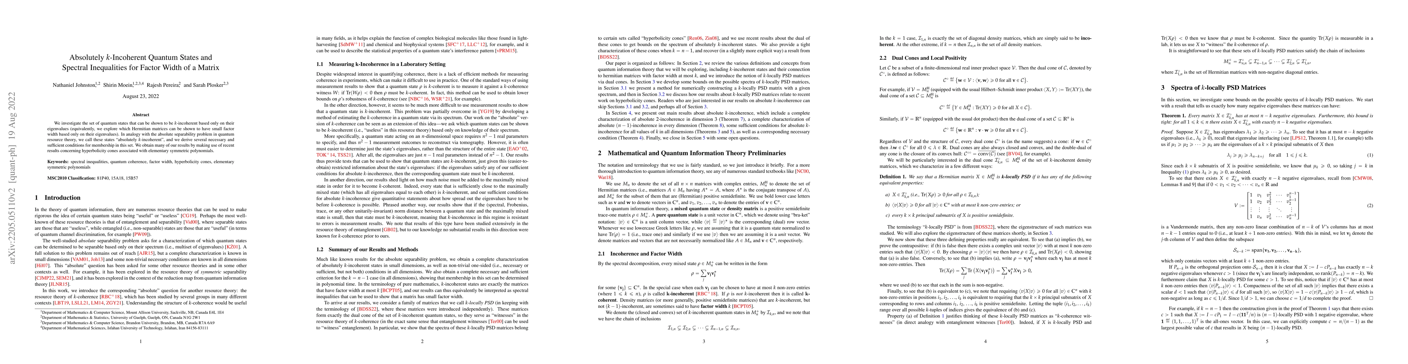 Thumbnail for Absolutely $k$-Incoherent Quantum States and Spectral Inequalities for
  Factor Width of a Matrix