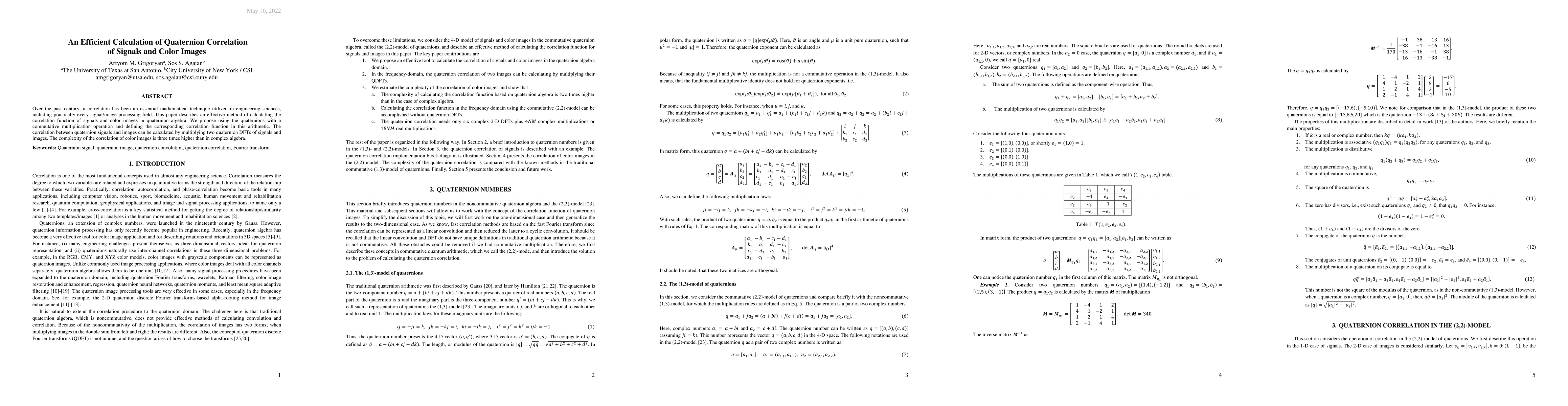 Thumbnail for An Efficient Calculation of Quaternion Correlation of Signals and Color
  Images