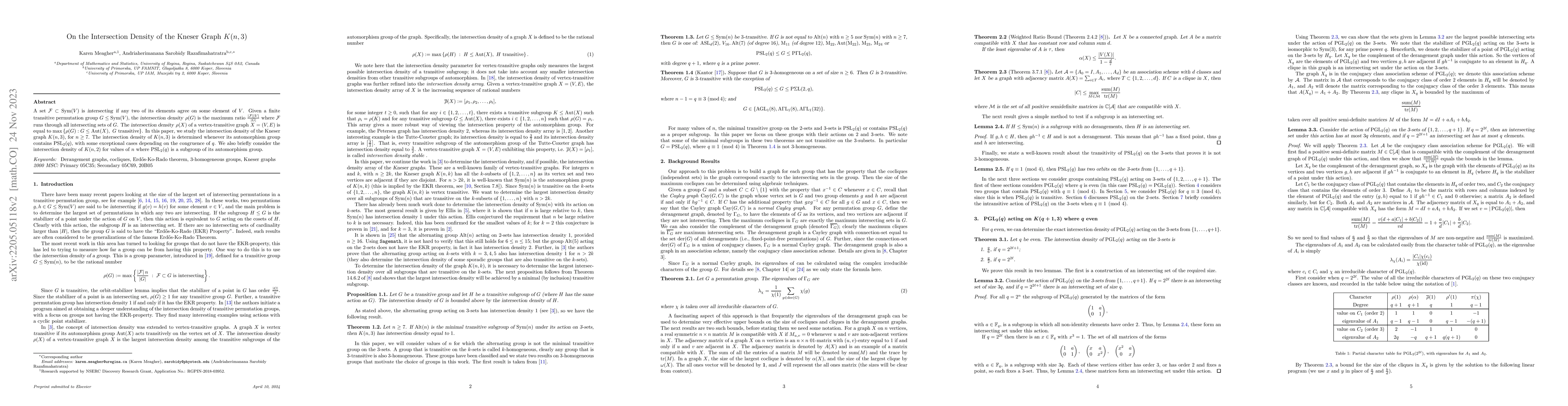 Thumbnail for On the intersection density of the Kneser Graph $K(n,3)$