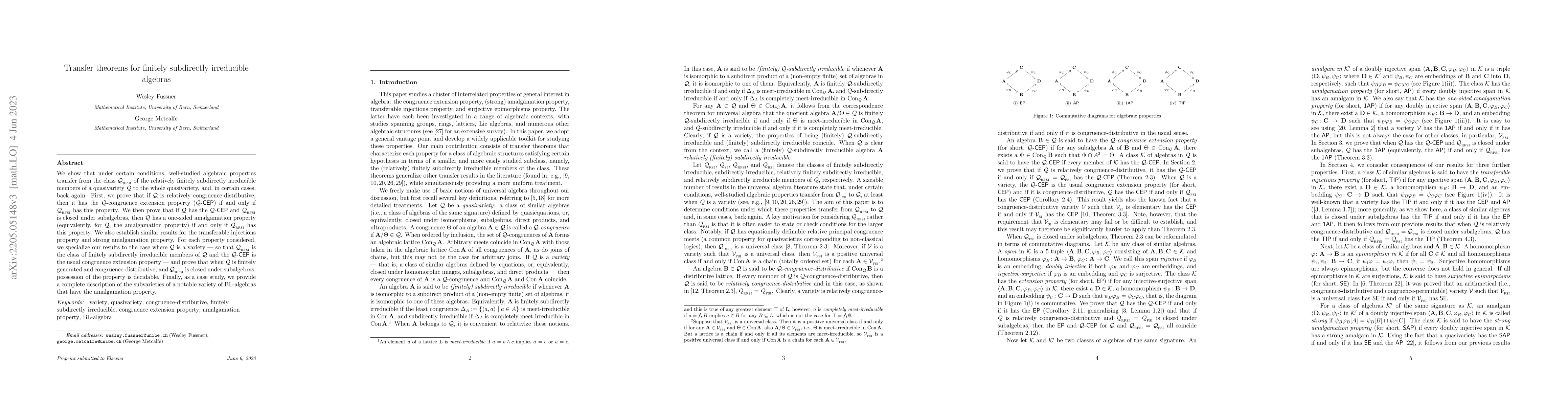 Thumbnail for Transfer theorems for finitely subdirectly irreducible algebras
