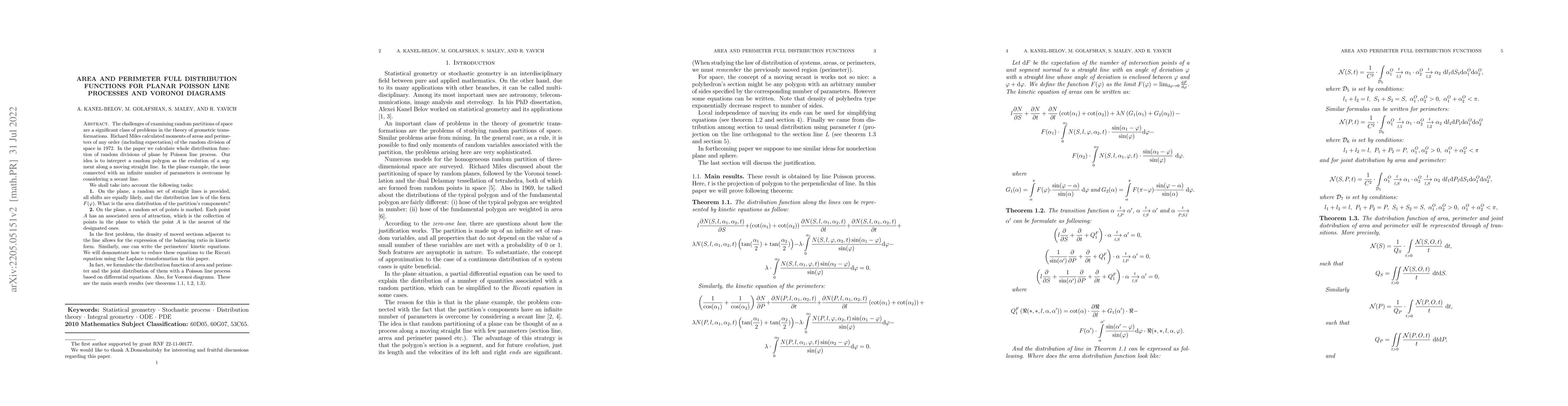 Thumbnail for On the Distribution function of area and perimeter for planar poisson
  line process