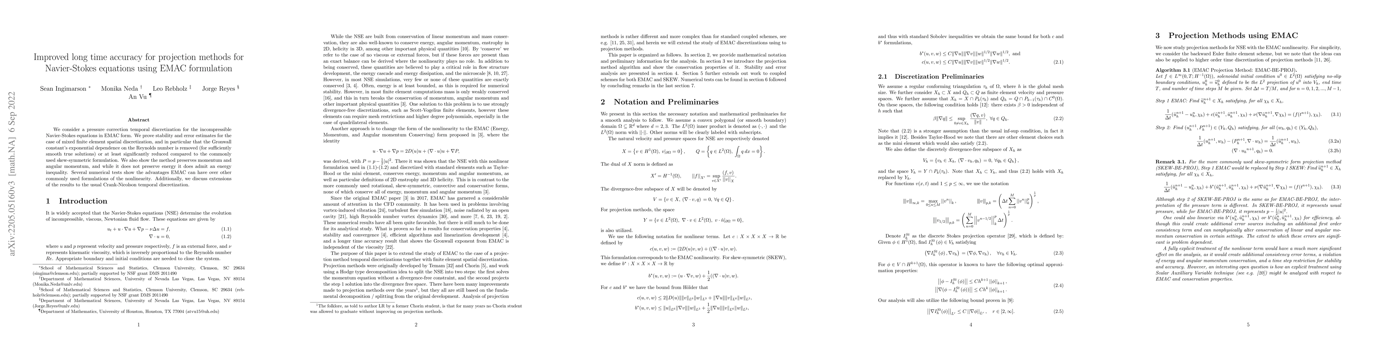 Thumbnail for Improved long time accuracy for projection methods for Navier-Stokes
  equations using EMAC formulation