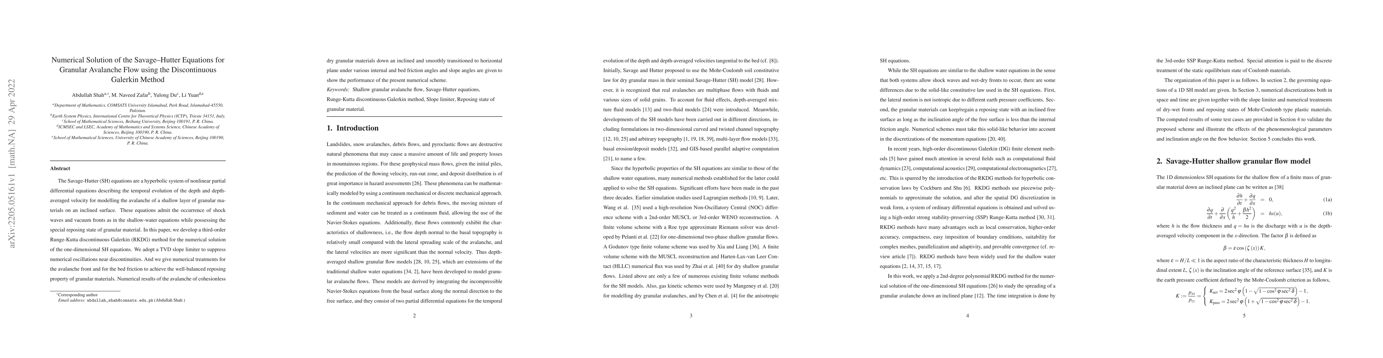 Thumbnail for Numerical Solution of the Savage-Hutter Equations for Granular Avalanche
  Flow using the Discontinuous Galerkin Method