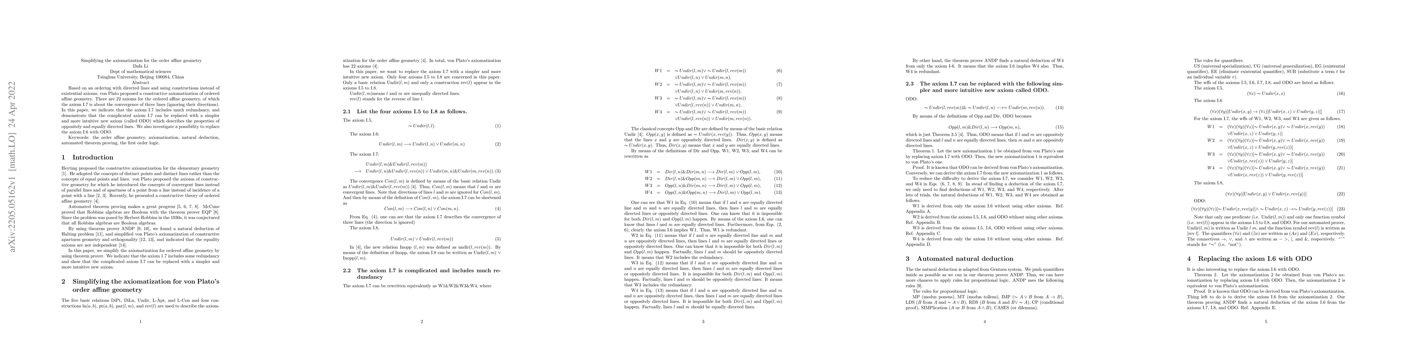 Thumbnail for Simplifying the axiomatization for the order affine geometry