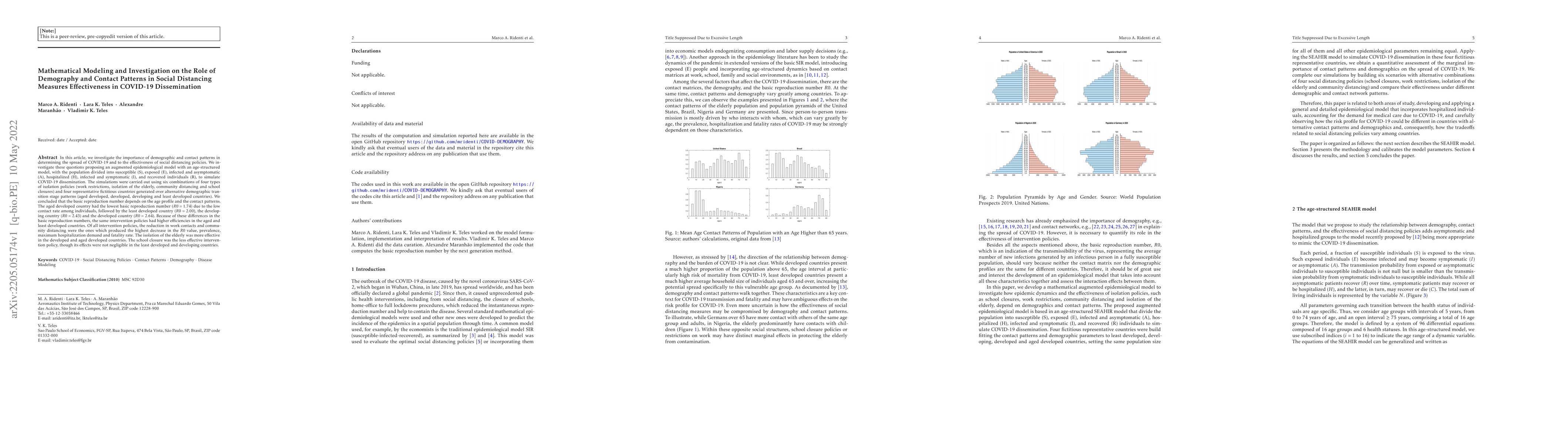 Thumbnail for Mathematical Modeling and Investigation on the Role of Demography and
  Contact Patterns in Social Distancing Measures Effectiveness in COVID-19
  Dissemination