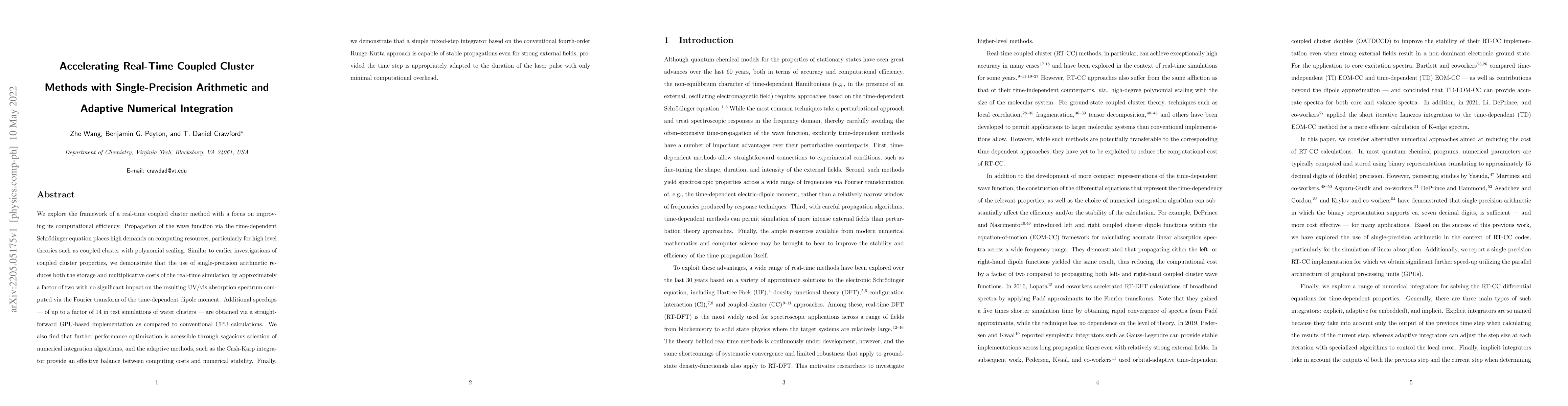 Thumbnail for Accelerating Real-Time Coupled Cluster Methods with Single-Precision
  Arithmetic and Adaptive Numerical Integration