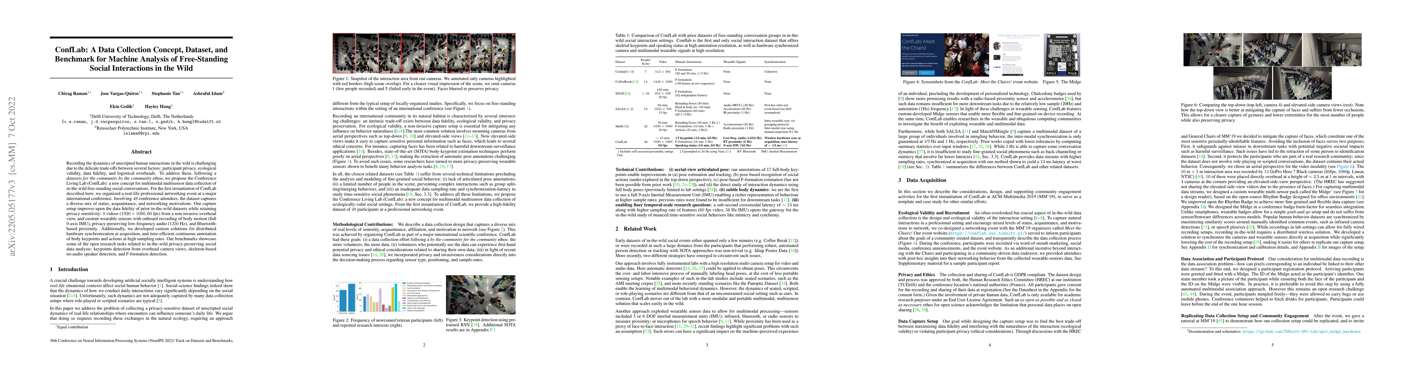 Thumbnail for ConfLab: A Data Collection Concept, Dataset, and Benchmark for Machine
  Analysis of Free-Standing Social Interactions in the Wild