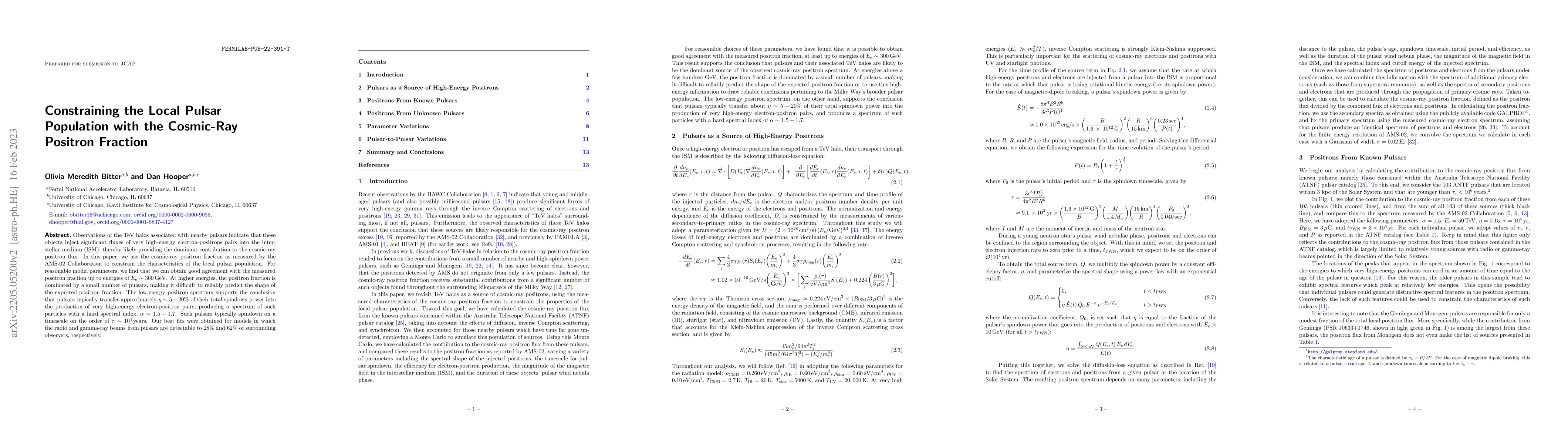 Thumbnail for Constraining the Milky Way's Pulsar Population with the Cosmic-Ray
  Positron Fraction