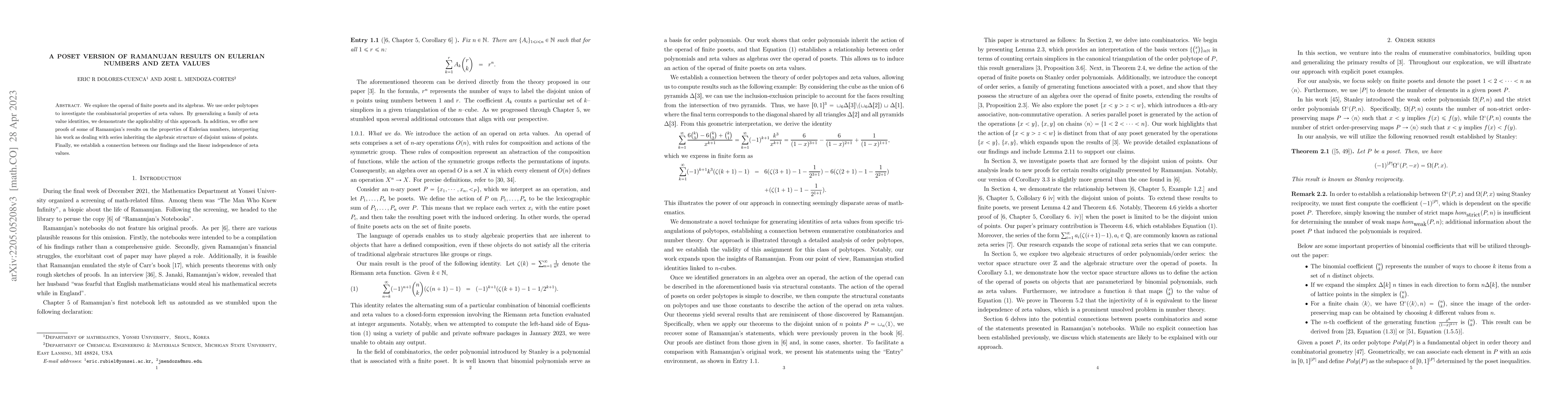 Thumbnail for A poset version of Ramanujan results on Eulerian numbers and zeta values