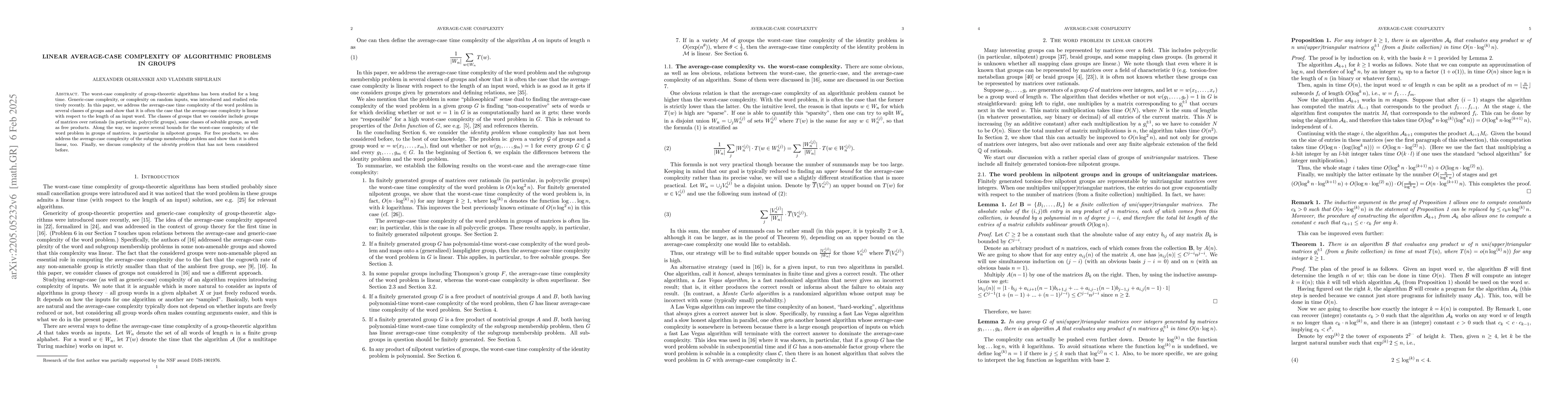 Thumbnail for Linear average-case complexity of algorithmic problems in groups